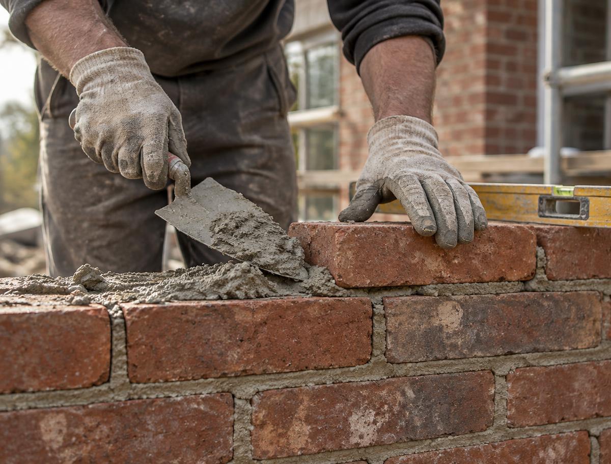 Bricklayer laying a wall with a trowel and spirit level