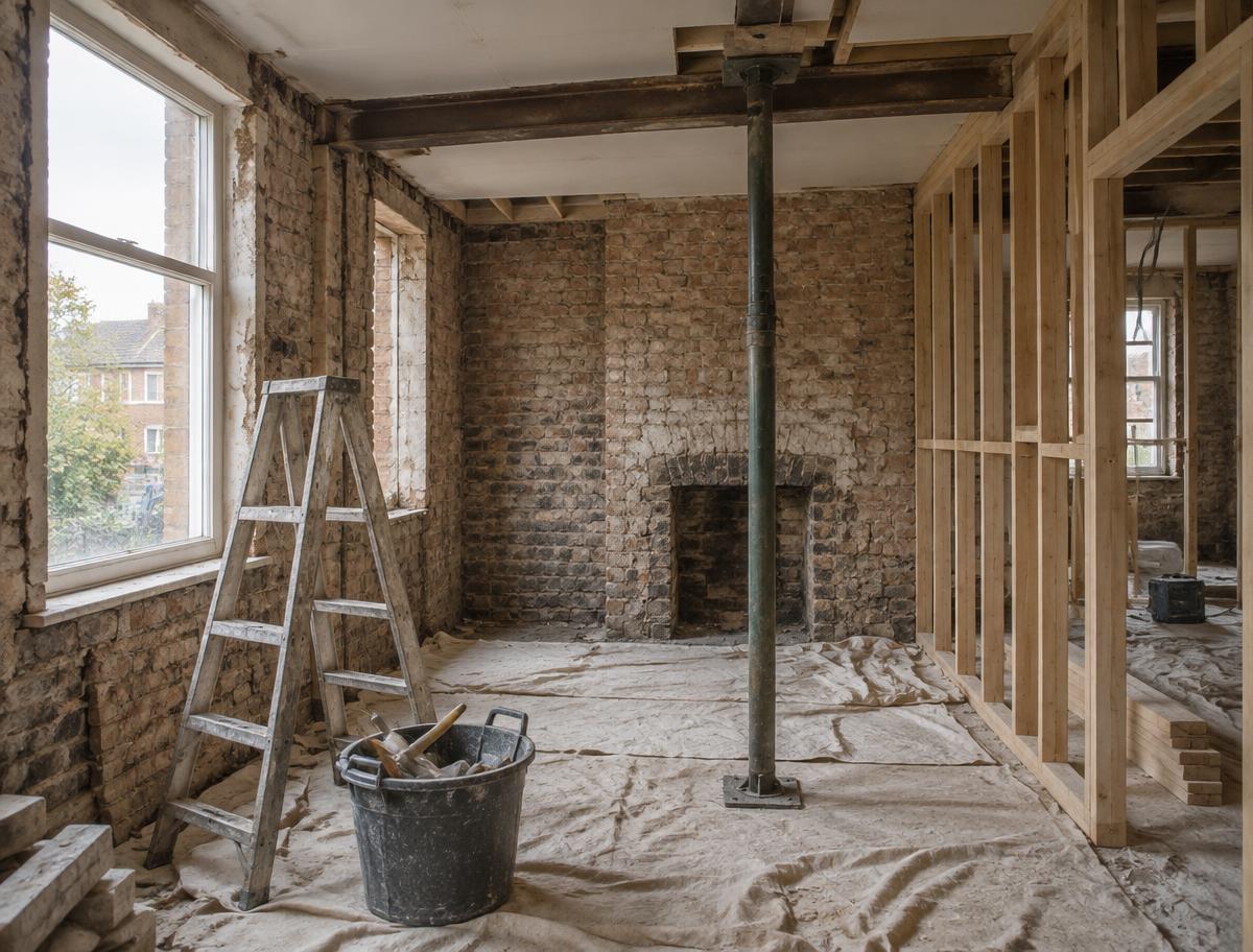Room stripped back to brick and stud during a house renovation