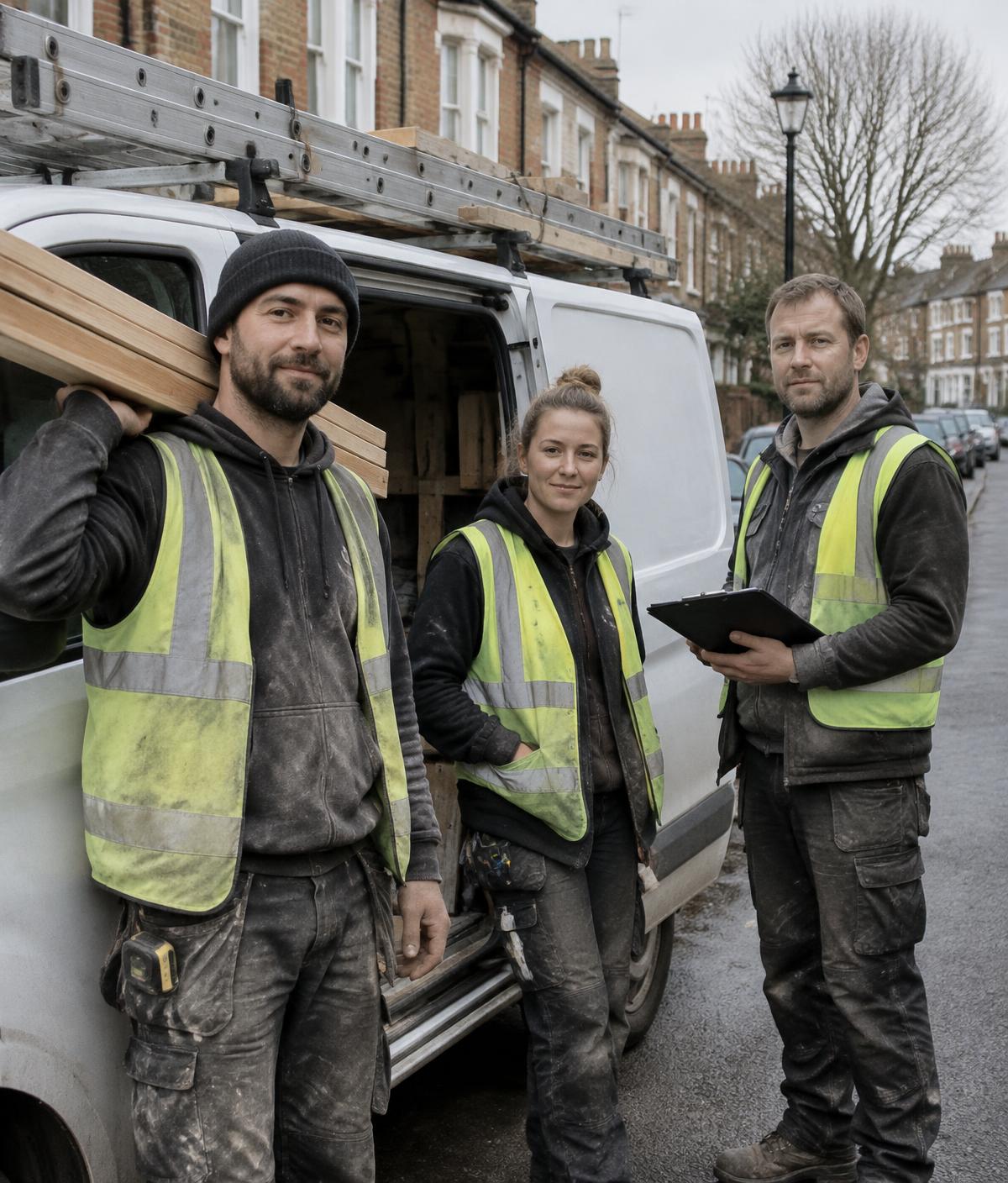 Three builders in workwear beside a work van on a London street